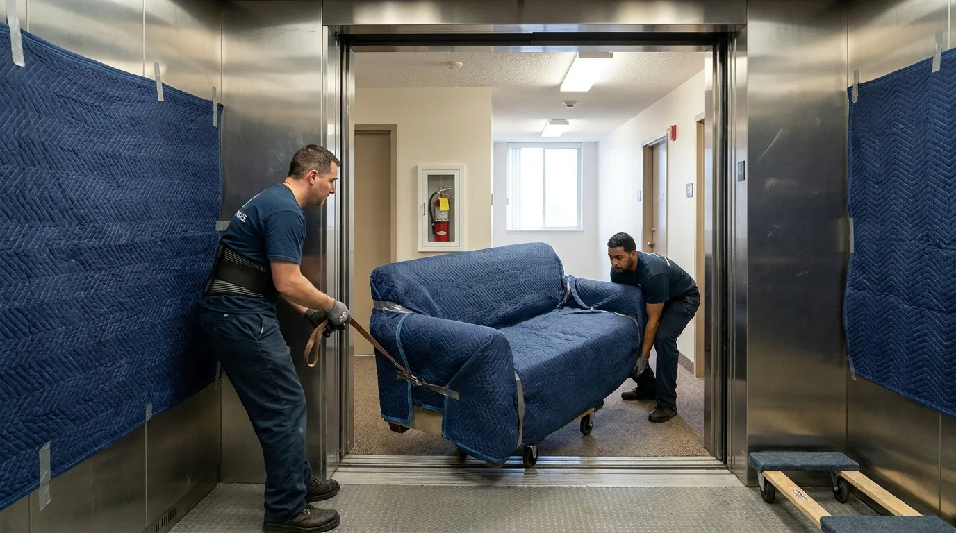 Moving crew using a freight elevator in a Springfield, TN apartment building