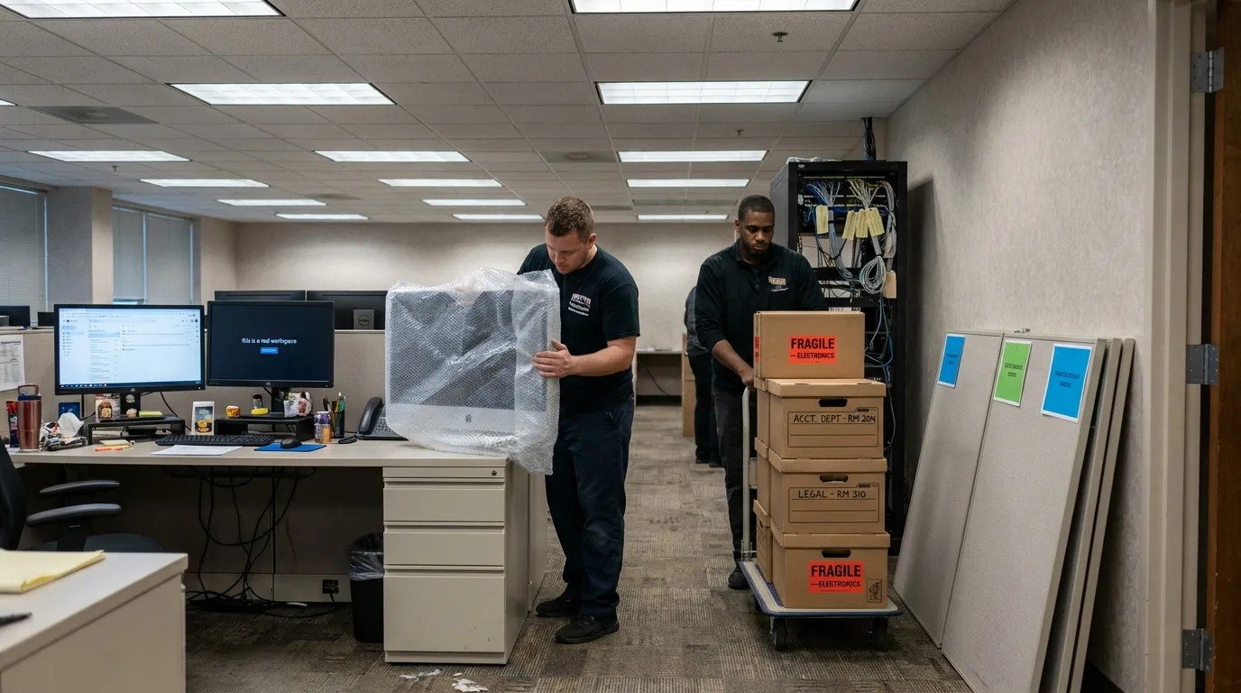 Commercial office moving crew packing cubicles and IT equipment in Springfield, TN