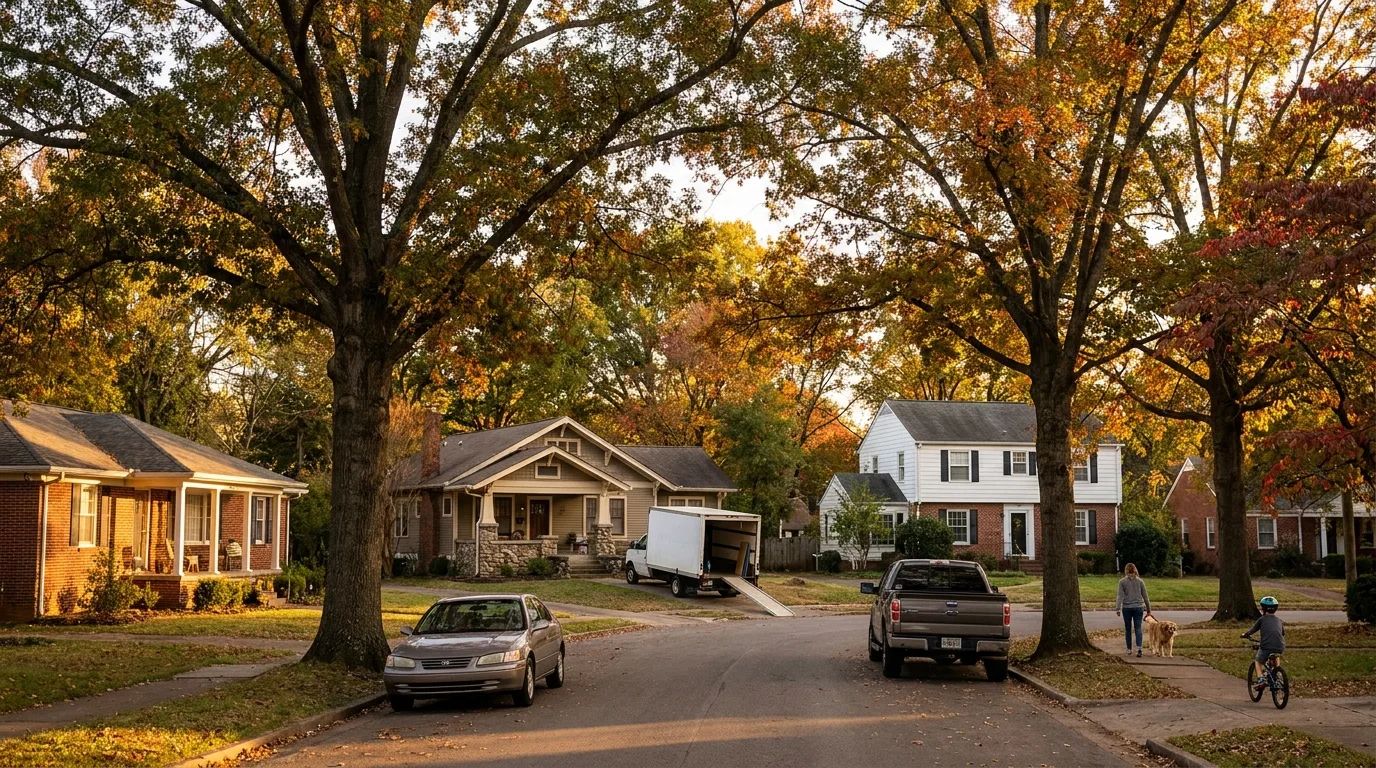 Residential neighborhood street in Springfield, Tennessee with homes and mature trees
