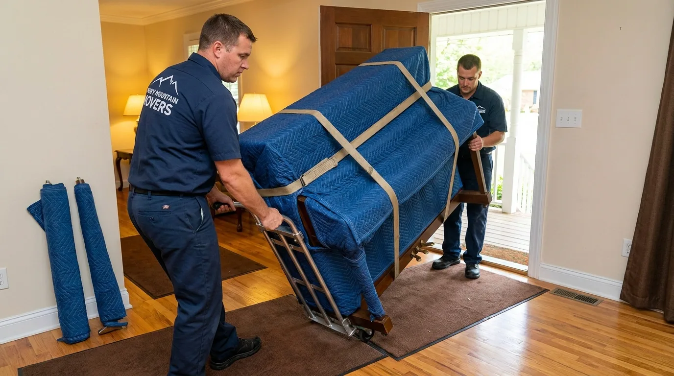 Specialty moving crew handling a piano with a piano board in Springfield, TN