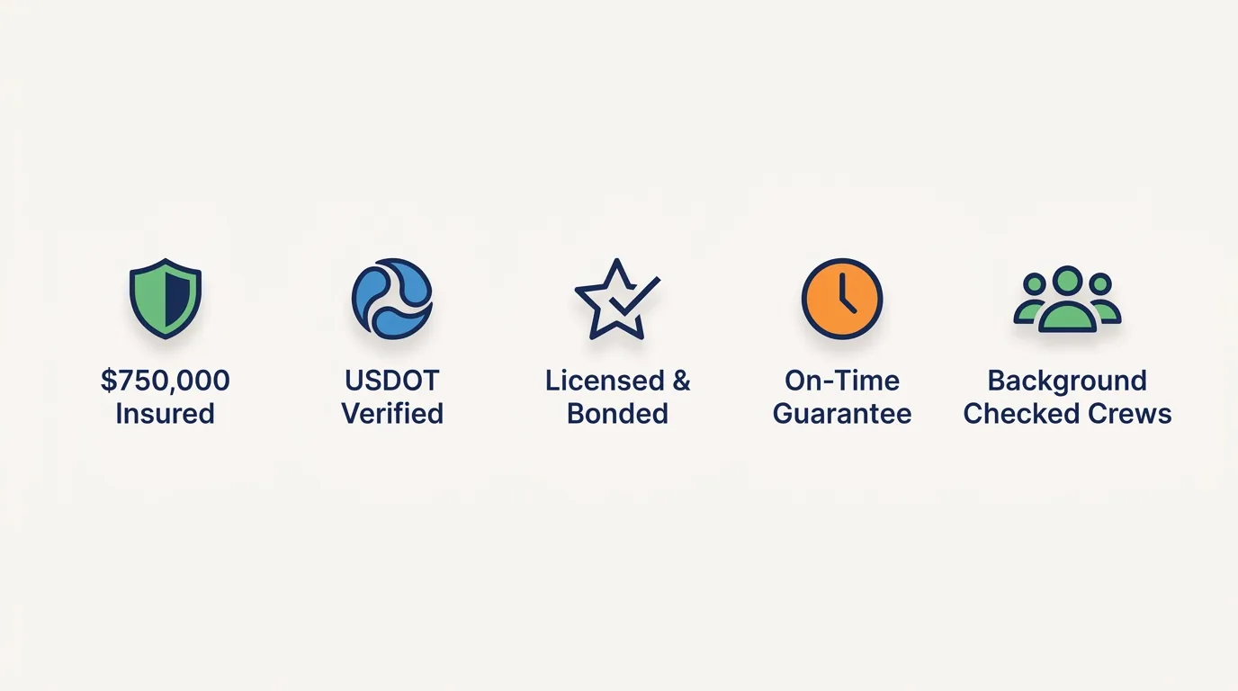 Volunteer Movers TN trust badges showing $750,000 insurance and USDOT verification